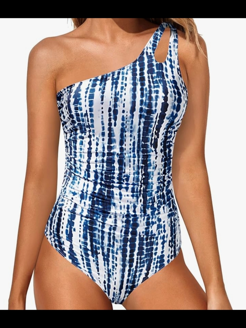One-Shoulder Navy Tie-Dye Ruched One-Piece Swimsuit